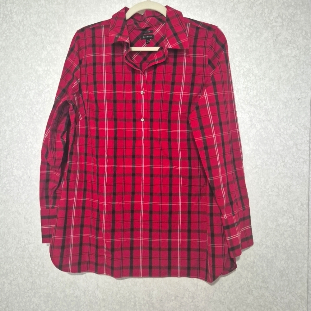 Talbots Red and Black Checkered Blouse Long Sleeve Size:10